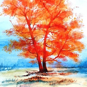 Autumn Original Watercolour Painting of Autumn Tree by Geetapatelfineart. Landscape and Scenery Art