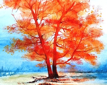 Autumn Original Watercolour Painting of Autumn Tree by Geetapatelfineart. Landscape and Scenery Art