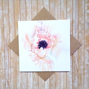 Poppy Flower Greeting Card FSC Certified, Pale Peach Oriental Poppy by Geetapatelfineart. A Romantic Blank Floral Card, Eco Friendly Card.