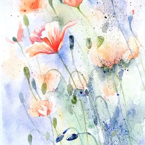 Poppies in a breeze, Flower Original Watercolour Painting by Geetapatelfineart. Poppy Art, Poppy Painting a Romantic Gift.