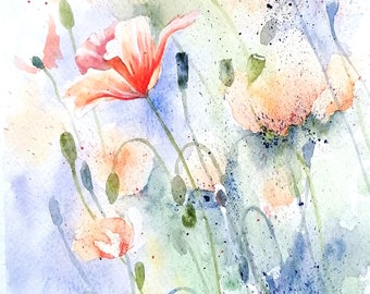 Poppies in a breeze, Flower Original Watercolour Painting by Geetapatelfineart. Poppy Art, Poppy Painting a Romantic Gift.