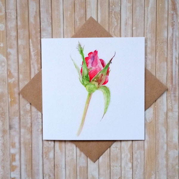 Rose Flower Greeting Card FSC, Single Deep Crimson Rose Bud by Geetapatelfineart. Botanical Fine Art Card of a Romantic Red Rose.Eco Card