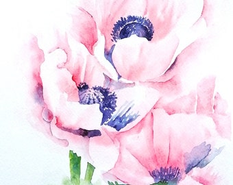 Pink Poppy Flower Watercolour Original Painting, Oriental Pale Pink Poppies by Geetapatelfineart