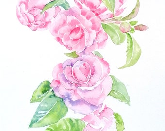 CAMELLIA FLOWERS a Flower Giclee Print FSC by Geetapatelfineart. Watercolour of Pink Flowers. Floral Botanical Art Gift for him and her.