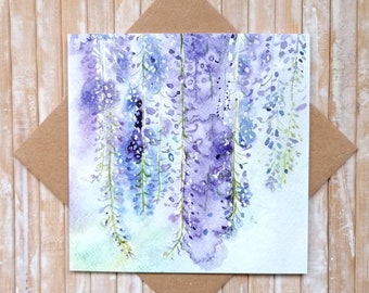 Wisteria Flower Greeting Card FSC Certified, WISTERIA DESCENDING by Geetapatelfineart. A Floral Note Card. Eco Friendly Card - Blank Inside