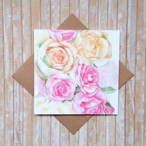 Rose Flower Greeting Card FSC Certified - Romantic Pale Pink and Cream Roses by Geetapatelfineart. Eco Friendly Card in biodegradable Cello