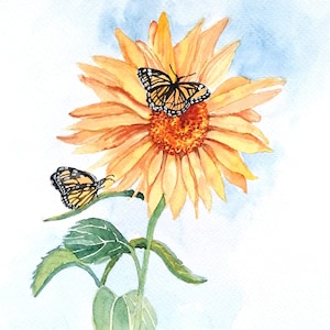 Sunflower Watercolour Original Painting of Butterfies on the Sunflower by Geetapatelfineart. Botanical Wall Art Illustration to hang.