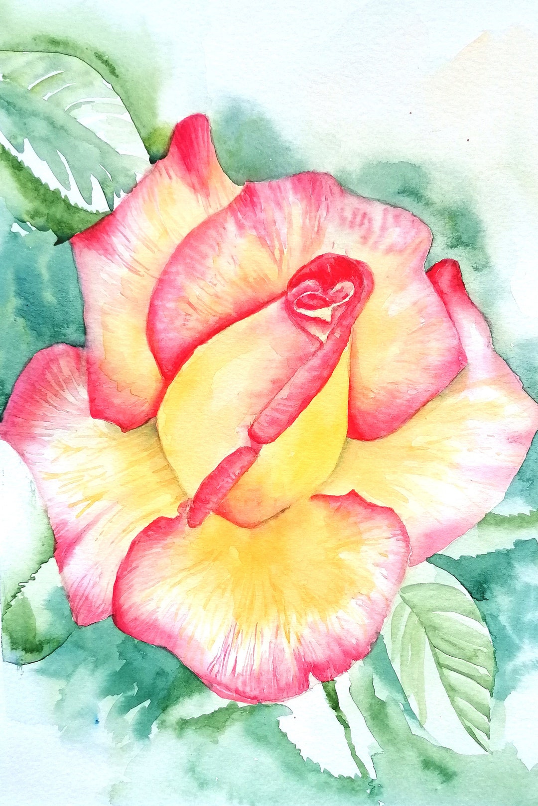 Yellow Rose Watercolor Painting With Red Edges, Original Floral Art - Etsy