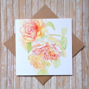 Tarjeta de felicitación de flor de rosa con certificación FSC - Peachy Rose's de Geetapatelfineart. Una tarjeta rosa romántica. Tarjeta ecológica. Tarjeta certificada FSC.