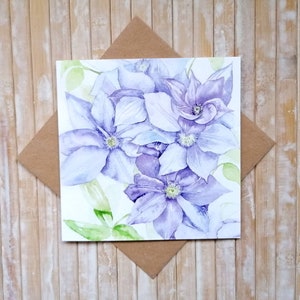 Blaue Clematis-Blumen-Grußkarte FSC-zertifiziert von Geetapatelfineart. Blanko Karte Innen. Umweltfreundliche Karte. Zero Waste. Florale Karte.