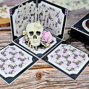 Halloween Happy Birthday Skull 3D Karte Explodierende Box Gothic Geburtstags Geschenk Ausgefallen Wow Halloween Purple Skull Rose