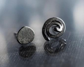 Oxidised silver earrings, asymmetrical silver earrings, fused earrings, handmade earrings, rustic silver earrings, textured stud earrings
