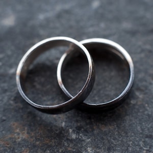 duo-tone sterling silver band set, half oxidised ring set, two halfoned rings, rustic silver rings, tribal silver rings, unisex rings