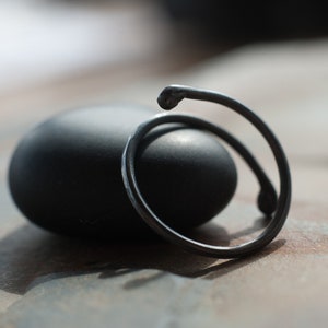 May include: A black metal ring with a unique, twisted design. The ring is resting on a smooth, black stone.
