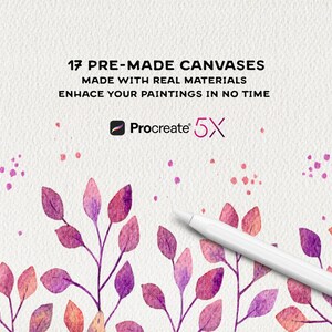 May include: 17 pre-made canvases for Procreate, made with real materials to enhance your digital paintings. The image shows a white background with watercolor leaves and a white stylus.