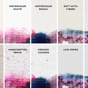 May include: A comparison of different watercolor paper textures. The top row shows watercolor paper labeled "Watercolor Old", "Watercolor White", "Watercolor Rough", "Soft with Fibers", and "Canvas". The bottom row shows watercolor paper labeled "Handcrafted Brown", "Handcrafted Paper", "Pressed Flowers", "Laid Paper", and "Cold Press".
