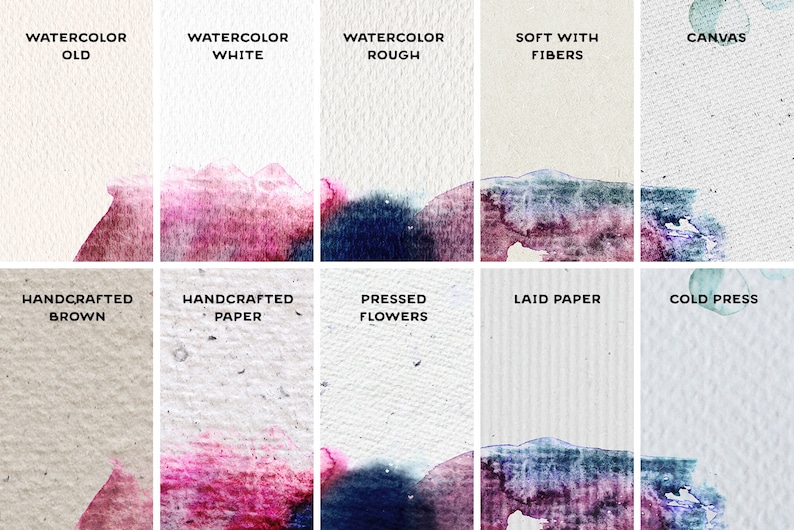 May include: A comparison of different watercolor paper textures. The top row shows watercolor paper labeled "Watercolor Old", "Watercolor White", "Watercolor Rough", "Soft with Fibers", and "Canvas". The bottom row shows watercolor paper labeled "Handcrafted Brown", "Handcrafted Paper", "Pressed Flowers", "Laid Paper", and "Cold Press".