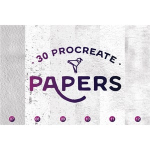 May include: A white textured background with a purple and black logo that says ".30 PROCREATE. PAPERS" with a stylized origami bird in the center.