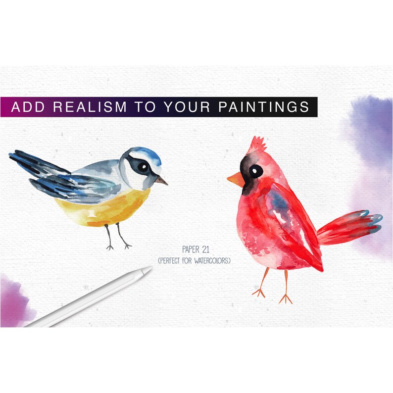 May include: Watercolor painting of a bluebird and a cardinal on a white background. The text "PAPER 21 (PERFECT FOR WATERCOLORS)" is below the birds.