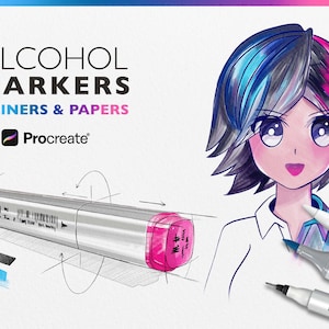 Peut inclure: Illustration promotionnelle de marqueurs à alcool, de liners et de papiers pour Procreate. L'image présente un personnage de style anime coloré et plusieurs marqueurs, dont un marqueur à pointe rose. Le texte "ALCOHOL MARKERS + LINERS & PAPERS" est visible.