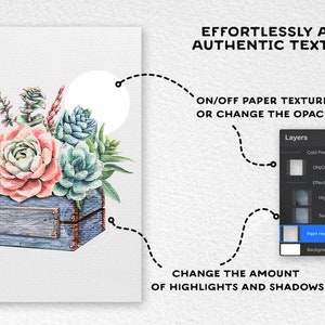 May include: A digital illustration of a watercolor painting of a succulent arrangement in a blue wooden box. The image shows how to add texture and highlights to a digital image.