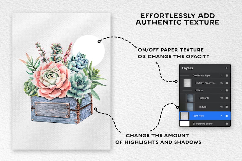 May include: A digital illustration of a watercolor painting of a succulent arrangement in a blue wooden box. The image shows how to add texture and highlights to a digital image.