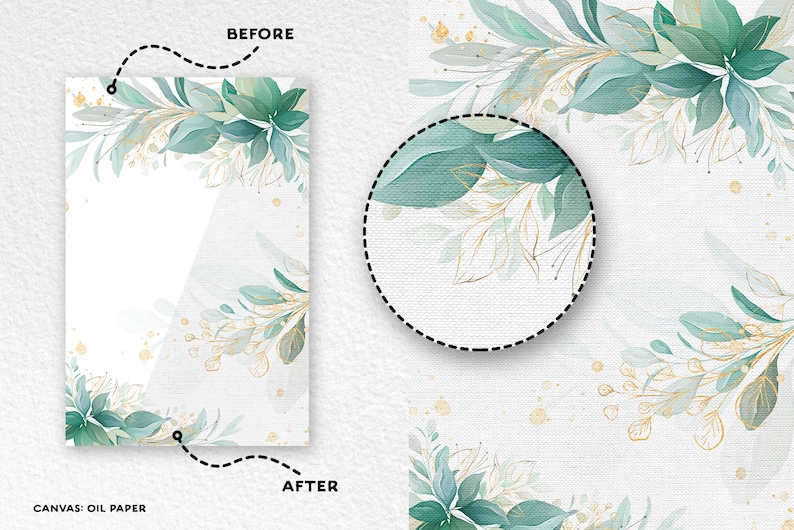 May include: A white background with a green and gold floral design. The design is on a canvas-like texture. The design is in the shape of a rectangle with rounded corners. The design is on a white background. The design is on a canvas-like texture. The design is in the shape of a rectangle with rounded corners.