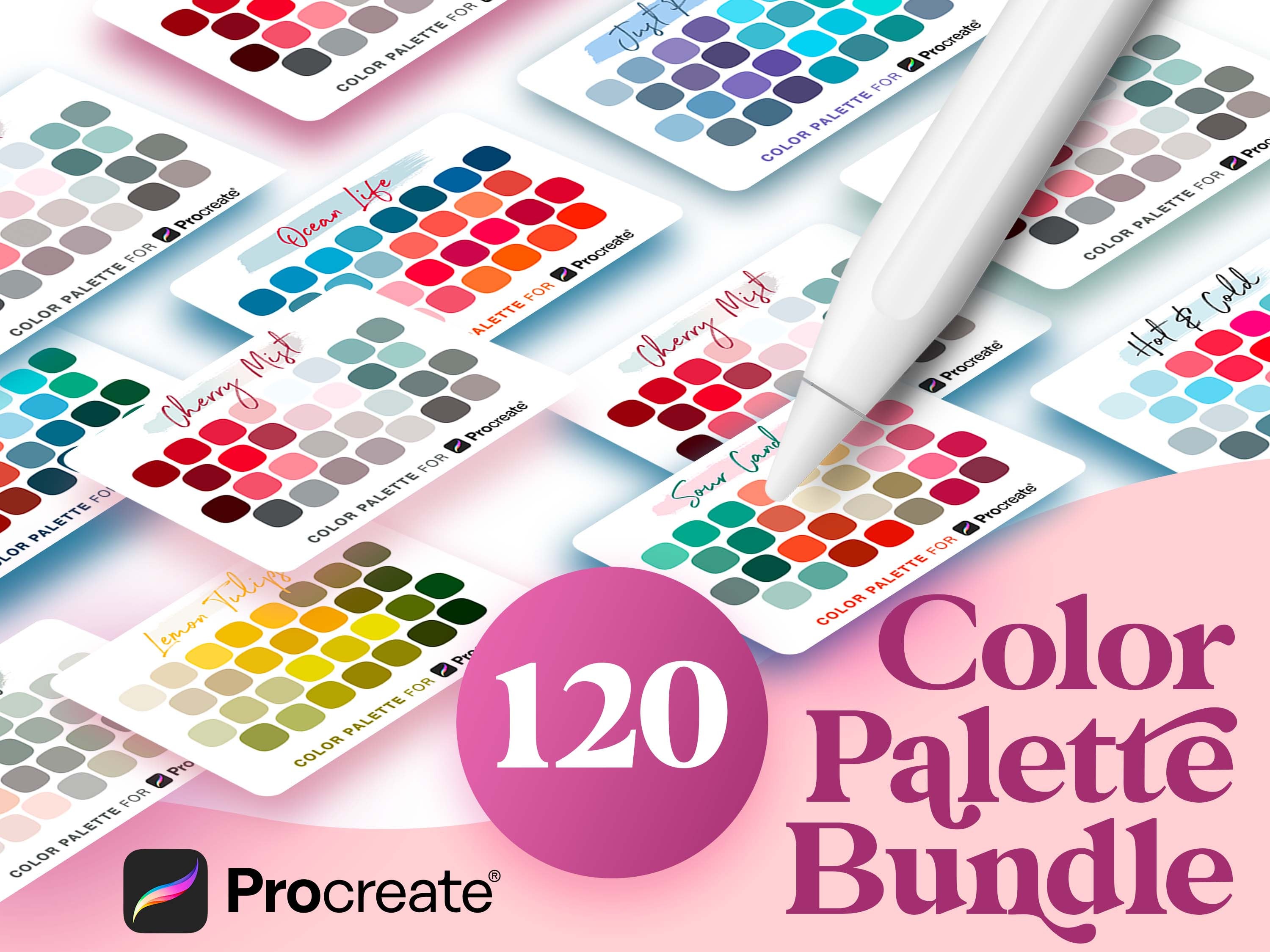 Paquete de 120 paletas de color para Procreate – Muestras seleccionadas para lettering, dibujo y pintura en iPad