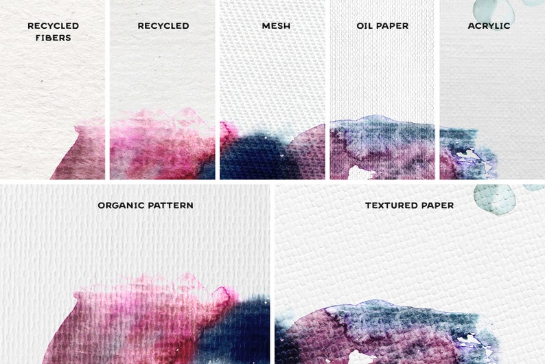 May include: A collage of different paper textures with watercolor washes in shades of pink, blue, and purple. The paper types are labeled "Recycled Fibers", "Recycled", "Mesh", "Oil Paper", "Acrylic", "Organic Pattern", and "Textured Paper".