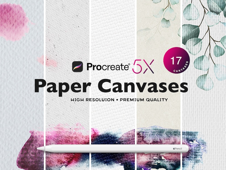 May include: A digital illustration of 17 different paper textures for use in Procreate, a digital art app. The image shows a variety of paper textures, including watercolor paper, canvas, and textured paper. The text "Paper Canvases" is displayed in bold, black letters. The text "High Resolution - Premium Quality" is displayed in smaller, black letters. The text "Procreate 5x" is displayed in pink and white letters. The text "17 Canvases" is displayed in white letters on a pink circle.