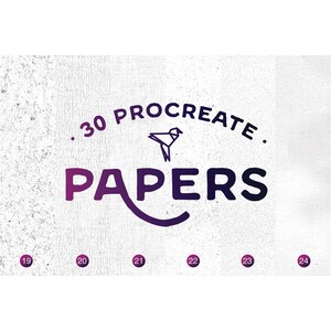 May include: A logo with the text "30 Procreate Papers" in a purple and black gradient. A stylized origami bird is above the text.