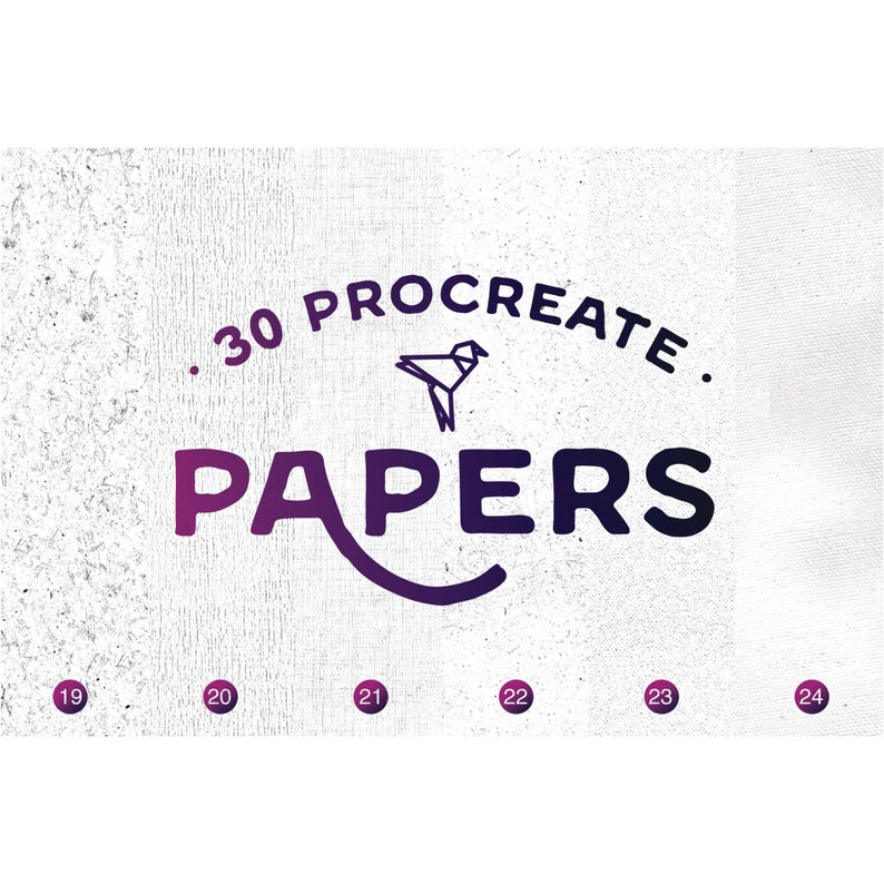 May include: A logo with the text "30 Procreate Papers" in a purple and black gradient. A stylized origami bird is above the text.