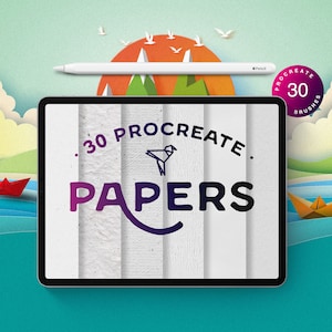 May include: A digital tablet displaying a collection of 30 Procreate paper textures. The text "30 Procreate Papers" is displayed in a purple and black gradient on the screen. The tablet is on a blue background with a paper landscape in the background.