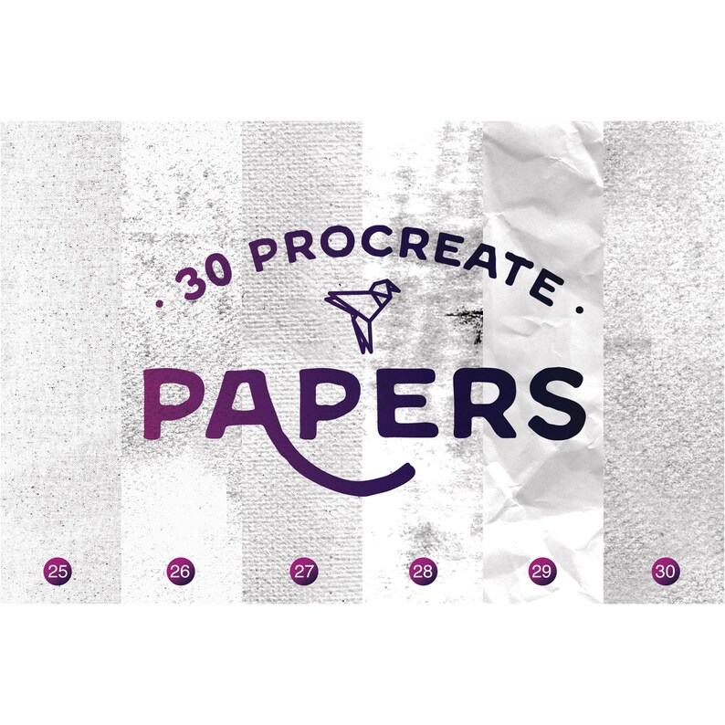 May include: A set of 30 digital paper textures for Procreate, featuring a variety of styles, including crumpled, textured, and grainy. The papers are designed to add a unique and realistic look to your digital art.