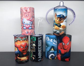 Vaso para niños antiderrames de 12 oz, 2 en 1, con pajita y boquilla. Múltiples diseños para elegir.