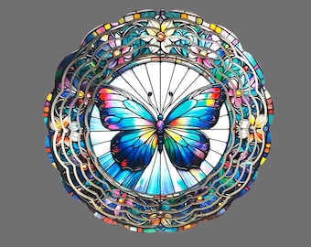 Butterfly on Stained Glass Wind Spinner- 8 Inch Double Sided Aluminum Great for Yard Art Gardens Indoor Outdoor Decoration Perfect Gift Idea