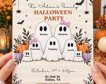 May include: A rectangular Halloween party invitation featuring six white ghost illustrations labeled Gomez, Morticia, Wednesday, Pugsley, Lurch, Thing 1, and Thing 2. The design includes orange pumpkins, purple gourds, black bats, spiders, and text details for an October 31st event.