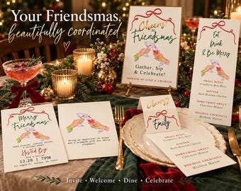 May include: A Friendsmas party stationery set featuring white cards with red ribbon illustrations and hand-drawn cocktail toasts. Includes a welcome sign, menu, invitation, and place card with the text Cheers to Friendsmas, Eat Drink & Be Merry, and Merry Friendsmas.