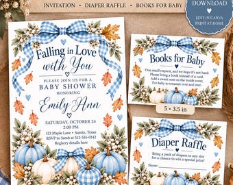 May include: A baby shower invitation set featuring blue gingham bows, pumpkins, and autumn leaves. The set includes a 5x7 inch invitation, a 5x3.5 inch books for baby card, and a 5x3.5 inch diaper raffle card, all with text details for an event on October 24.