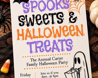 May include: A rectangular Halloween party invitation card featuring the text SPOOKS SWEETS & HALLOWEEN TREATS, The Annual Carter Family Halloween Party, Friday 31 October, Join us if you dare... @ 6pm, 311 S MAPLE ST, RSVP to ANN 111-222-3333, Come Dressed to spook, a black bat, an orange spider web, and a white ghost holding a bag.