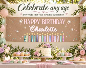 May include: A rectangular brown banner featuring the text Celebrate any age, Personalize for your birthday celebration, HAPPY BIRTHDAY, and Charlotte in pink and white. The banner includes colorful candle graphics and star accents.