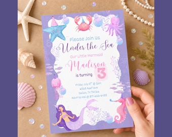 Uitnodiging voor een 3e verjaardag met zeemeerminthema: schattig feest onder de zee voor meisjes (digitale download, 5x7 inch).