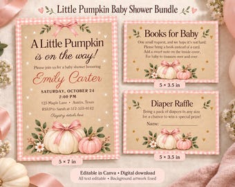 May include: A Little Pumpkin baby shower bundle featuring a 5x7 inch invitation, a 5x3.5 inch Books for Baby card, and a 5x3.5 inch Diaper Raffle card. Each piece has a kraft paper background, pink gingham border, and illustrations of pink pumpkins.
