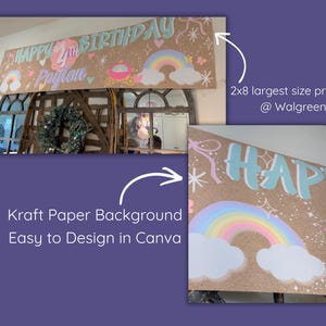 Puede incluir: Una pancarta de cumplea&ntilde;os rectangular de papel kraft con el texto Happy 4th Birthday Payton en azul claro, decorada con arco&iacute;ris pastel, nubes, un carruaje rosa, estrellas y lazos sobre un fondo de papel kraft de 2x8 pies.