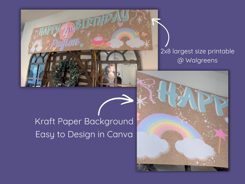 Puede incluir: Una pancarta de cumplea&ntilde;os rectangular de papel kraft con el texto Happy 4th Birthday Payton en azul claro, decorada con arco&iacute;ris pastel, nubes, un carruaje rosa, estrellas y lazos sobre un fondo de papel kraft de 2x8 pies.