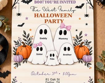 May include: A Halloween party invitation featuring four ghost characters labeled Daddy, Mommy, Sister, and Brother, plus a ghost dog named Fido. The design includes orange and purple pumpkins, black bats, spiders, and text details for the event.