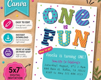 L'un est amusant modèle d'Invitation sur toile pour 1er anniversaire, téléchargement numérique, 5 x 7