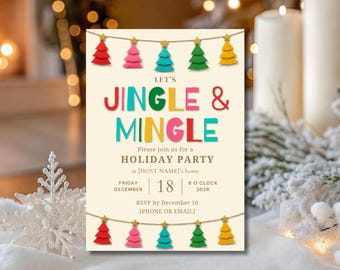 Puede incluir: Una tarjeta de invitación rectangular para una fiesta navideña sobre un fondo crema. El texto dice LET'S JINGLE & MINGLE, PLEASE JOIN US FOR A HOLIDAY PARTY, AT [HOST NAME]'S HOME, FRIDAY DECEMBER 18 6 O'CLOCK 2026, RSVP BY DECEMBER 10 [PHONE OR EMAIL].