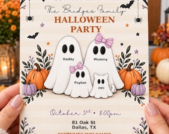 May include: A Halloween party invitation card featuring four ghost characters labeled Daddy, Mommy, Payton, and Fifi. The design includes orange and purple pumpkins, black bats, spiders, and stars on a striped background with event details.