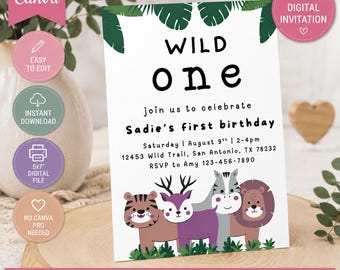 Invitación digital de cumpleaños con temática de la selva "Wild ONE" (5x7 pulgadas): para niña o niño, plantilla editable de Canva.